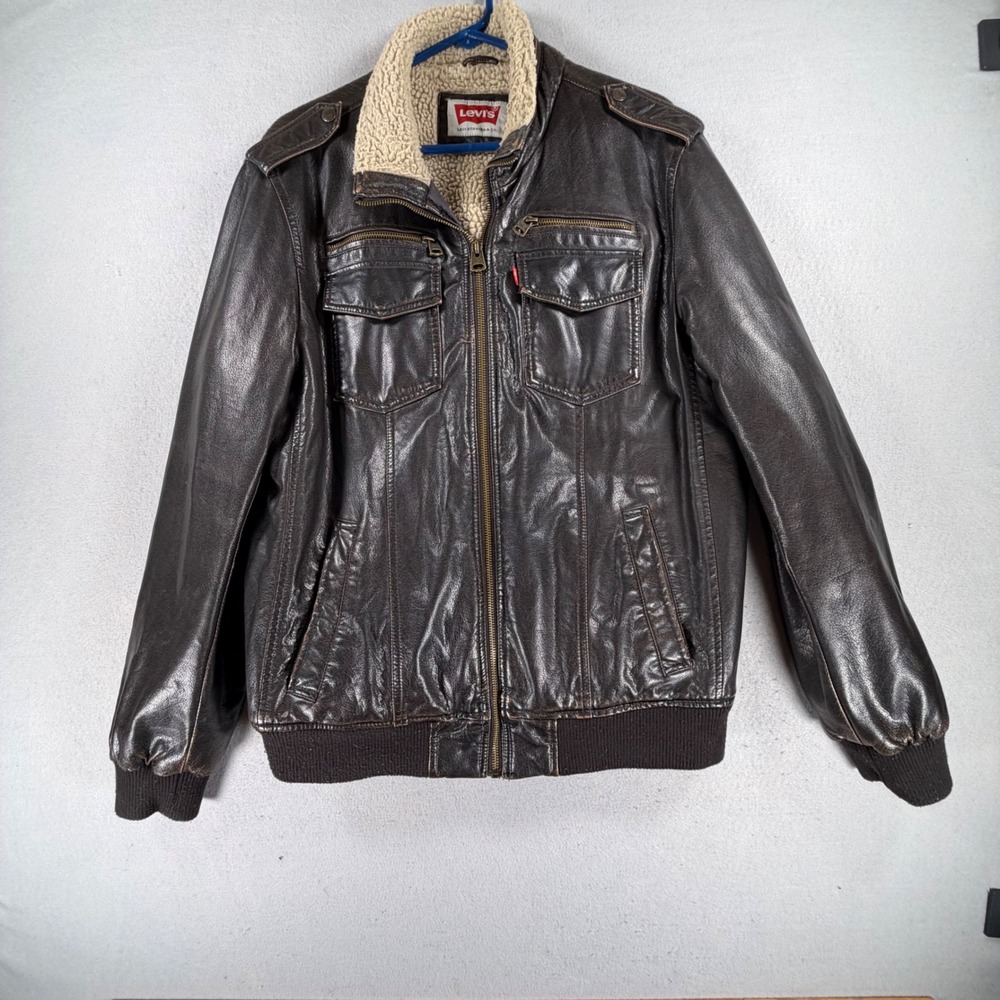 Levi's Men's Medium Brown Faux Leather Sherpa Lined Aviator Bomber Jacket Coat